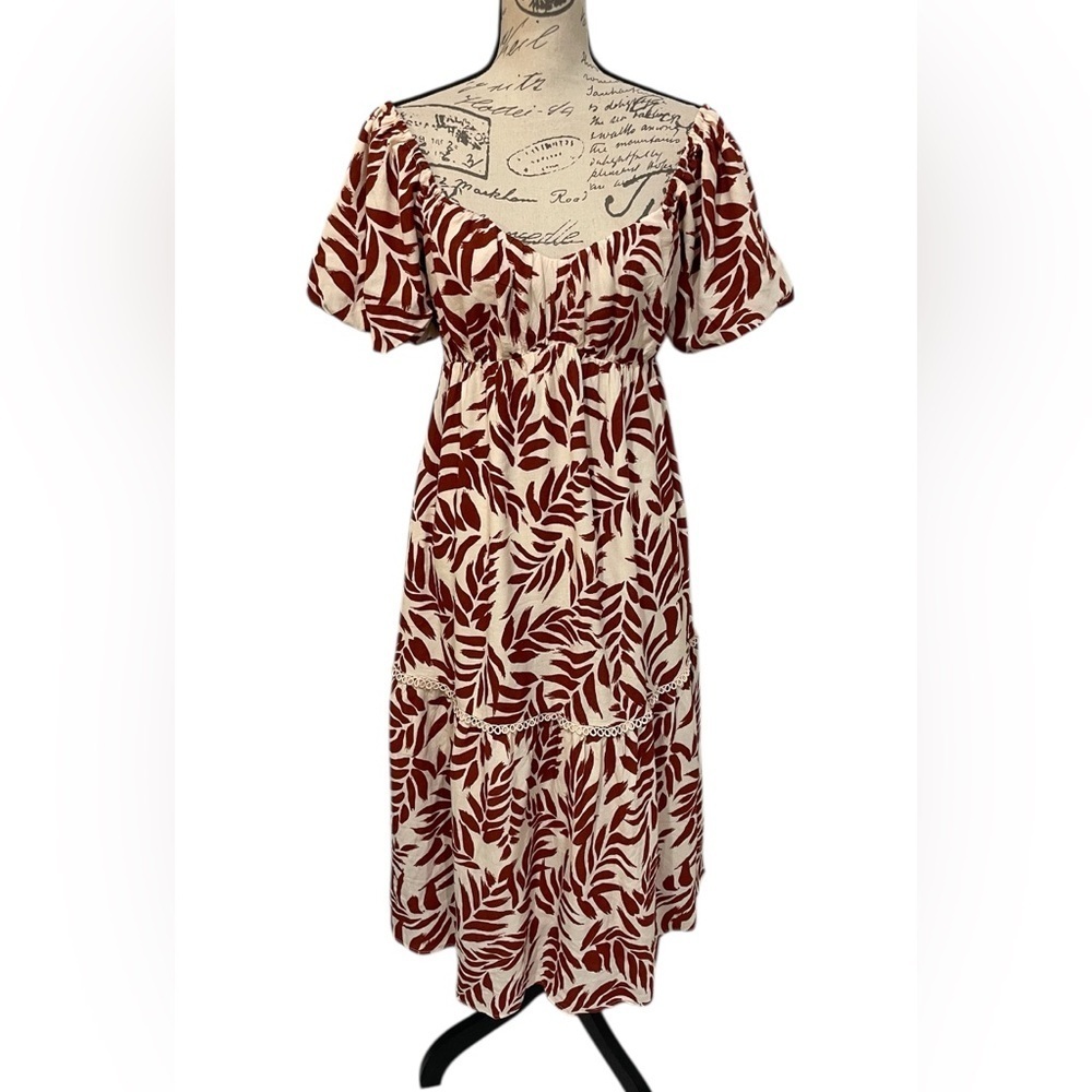 Lost + Wander Leaf Print Off Shoulder Midi Dress Smocked Back Pockets S